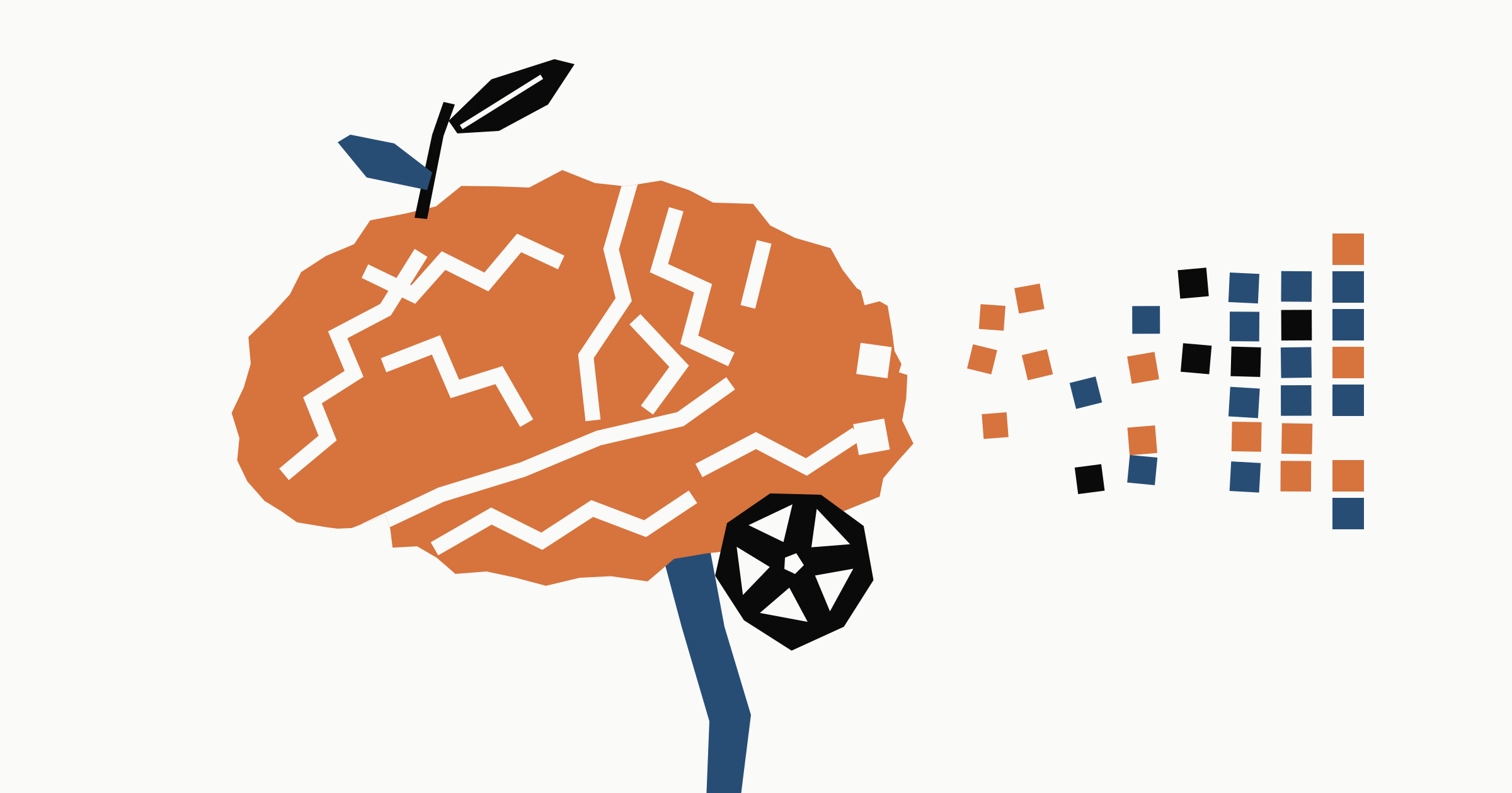 A cut-paper brain in Beneficialmedia orange, facing left. A sprout with an ink leaf and a navy leaf grows from the front of the brain, a black film reel sits where the cerebellum would be, and a navy vine forms the brain stem. The back of the brain breaks apart into small squares that drift right and settle into an orderly grid of orange, navy, and ink tiles.